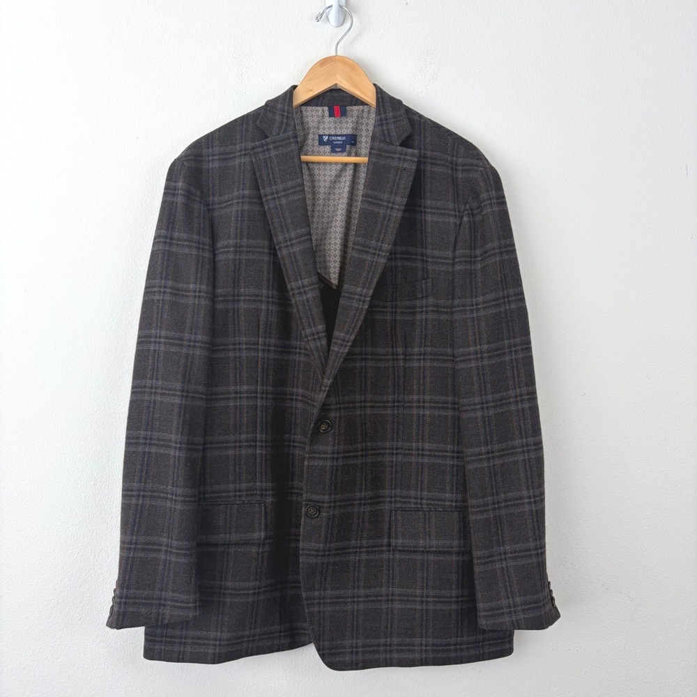 Cremieux Classics Mens XL Brown Blue Plaid Wool Blazer Elbow Patches Sport Coat